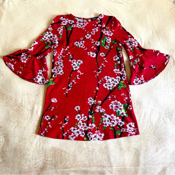 Papillon Red Floral Bell Sleeve Shift Dress – XS (measures like Small) - Picture 1 of 12